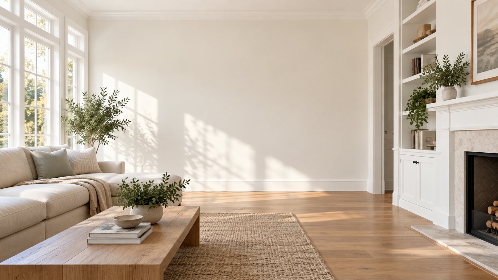 A bright living room with clean white walls and trims