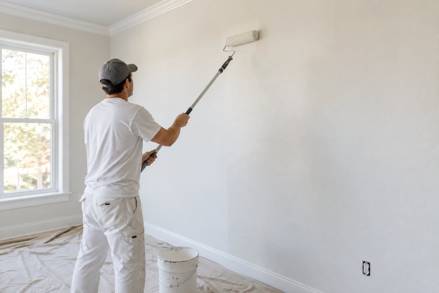 A painter rolling a fresh coat onto a bare wall