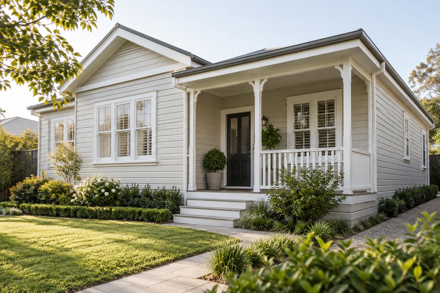A weatherboard house with freshly painted boards and trims